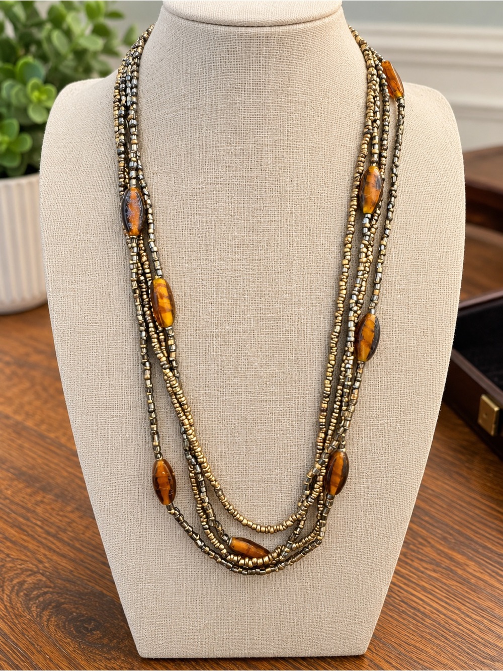 Vintage Style Multi Strand Beaded Necklace Amber Brown & Metallic Long Statement